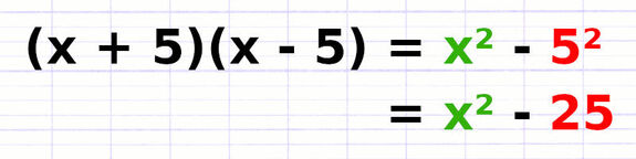 Application de la formule de l’identité remarquable : (x + 5)(x - 5) = x² - 5² = x² - 25.