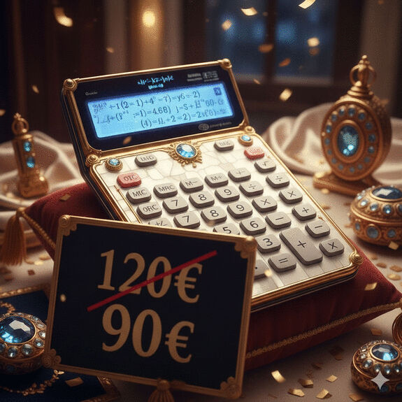 Exemple du prix d’une calculatrice passant de 120 à 90 € à partir duquel on souhaite trouver un pourcentage de réduction.