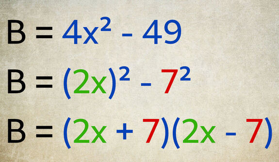 La différence de deux carrés avec un produit est factorisée : B = 4x² - 49 = (2x)² - 7² = (2x + 7)(2x - 7).