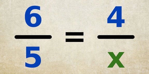 Équation 6/5 = 4/x avec l’inconnue x au dénominateur de l’égalité de fractions.