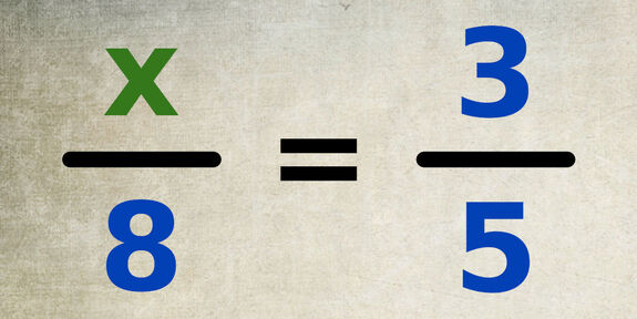 Équation x/8 = 3/5 avec l’inconnue x au numérateur de l’égalité de fractions.