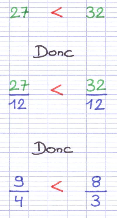 Comparaison de fraction en trois étapes.