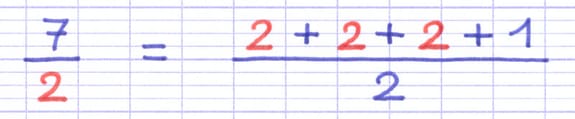 Fraction 7/2 dont le numérateur 7 est décomposé en 2+2+2+1.