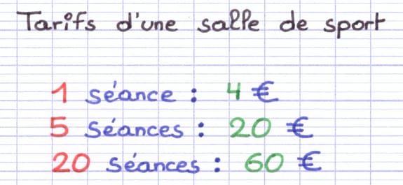 Tarif d’une salle de sport : 1 séance = 4 €, 5 séances = 20 € et 20 séances = 60 €.