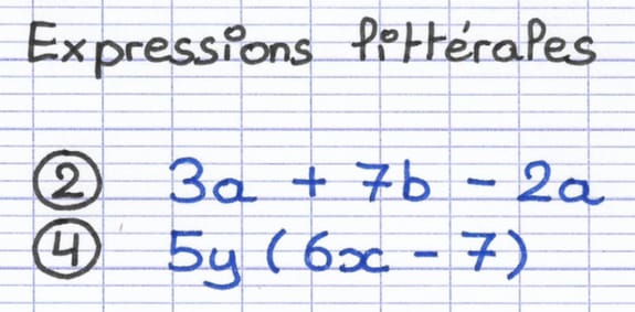 Deux expressions littérales contenant des nombres, des lettres et des opérations : 3a+7b-2a et 5y(6x-7).