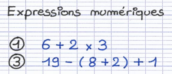 Deux expressions numériques contenant des nombres et des opérations : 6+2×3 et 19-(8+2)+1.