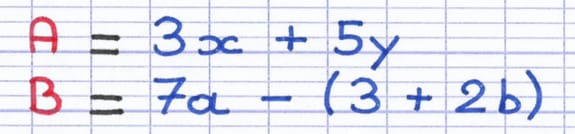Les expressions littérales 3x+5y et 7a-(3+2b) sont nommées chacune par une lettre majuscule (A et B).