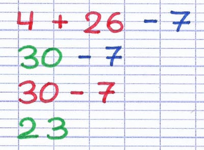 Addition et soustraction de gauche à droite au sein de l’expression : 4 + 26 = 30 et 30 - 7 = 23.
