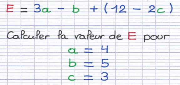 L’expression E = 3a-b+(12-2c) à calculer pour a=4, b=5 et c=3.