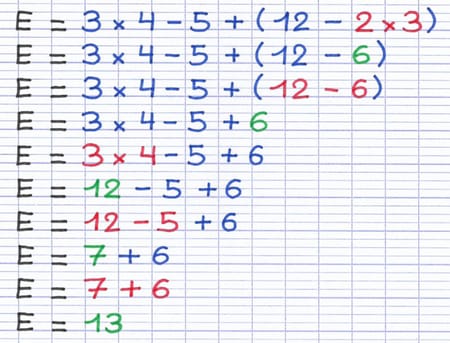Calcul de l’expression en appliquant la priorité des opérations (PEMDAS).