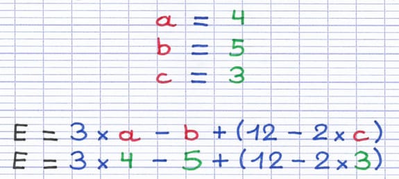 Les lettres sont remplacées par leurs valeurs au sein de l’expression : E = 3×4-5+(12-2×3).