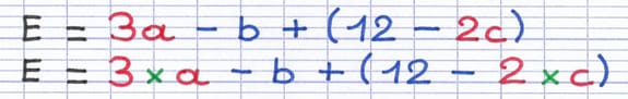 L’expression E = 3a-b+(12-2c) avec les multiplications rendues explicites : 3×a et 2×c.