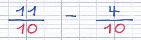 Le dénominateur commun des fractions 11/10 et 4/10 est mis en évidence : 10.