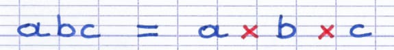 Multiplication entre différentes lettres inconnues : abc = a × b × c.