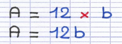 La multiplication A = 12 × b est simplifiée en A = 12b en supprimant le signe de multiplication.