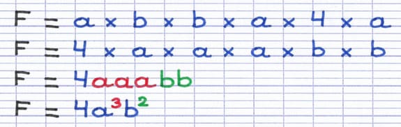 L’expression littérale F = a×b×b×a×4×a est simplifiée étape par étape en F = 4a³b².