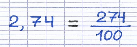 Le nombre décimal 2,74 est transformé en fraction : 274/100.
