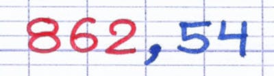 Le nombre décimal 862,54 avec sa partie entière 862 mise en évidence.
