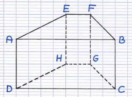 Solide polyèdre ABCDEFGH en perspective cavalière avec arêtes cachées en pointillé.