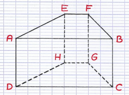 Solide polyèdre ABCDEFGH avec ses 8 sommets A, B, C, D, E, F, G, H surlignés en rouge.