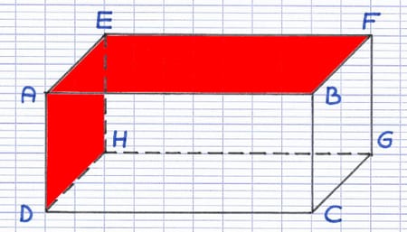 Pavé droit avec 2 faces non opposées perpendiculaires (dessus et côté gauche) colorées en rouge.