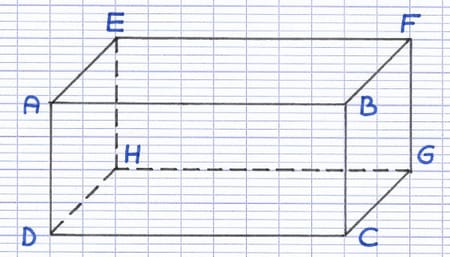 Pavé droit ABCDEFGH dont les faces sont rectangulaires représenté en perspective cavalière.