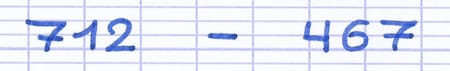 Soustraction des nombres 712 et 467 à effectuer par compensation.