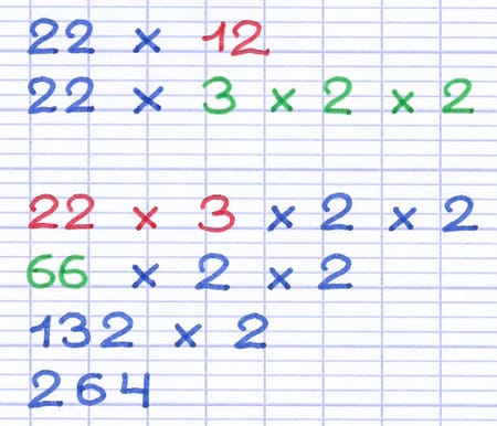 22×12 résolu grâce à la multiplication progressive : 22×3×2×2 = 66×2×2 = 132×2 = 264.