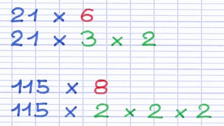 21×6 se transforme en multiplication progressive 21×3×2, et 115×8 devient 115×2×2×2.
