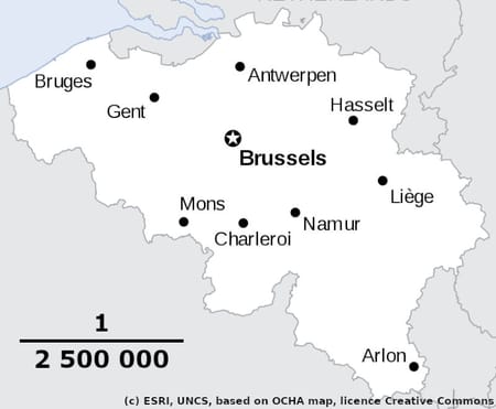 Carte de la Belgique avec l’échelle indiquée en fraction : 1/2 500 000.