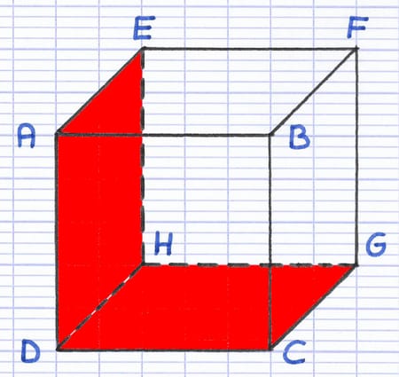 Cube ABCDEFGH avec 2 faces non opposées perpendiculaires (face gauche et face inférieure) colorées en rouge.