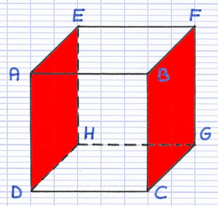 Cube ABCDEFGH avec 2 faces opposées parallèles ADHE et BCGF colorées en rouge.