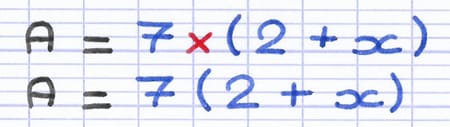 A = 7(2+x) équivaut à la multiplication entre un nombre et une parenthèse : A = 7×(2+x).