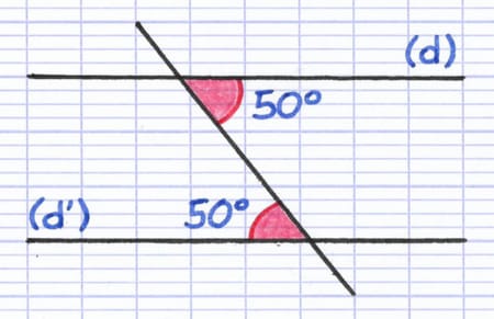 Deux droites parallèles coupées par une sécante formant deux angles alternes-internes égaux de 50°.