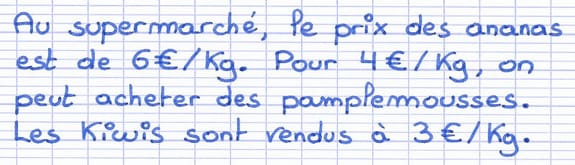 Énoncé de mathématiques contenant des données à organiser sur le prix de fruits au supermarché.
