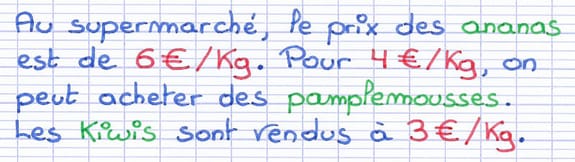 Au sein de l’énoncé, les prix sont surlignés en rouge et les fruits en vert pour identifier les deux catégories à organiser.