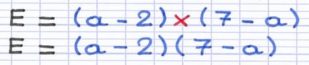 Produit de l’expression littérale (a-2)×(7-a) avec et sans le signe de multiplication.