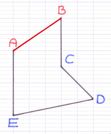 Polygone ABCDE avec le segment [AB] mis en évidence en rouge pour illustrer la notation des segments.