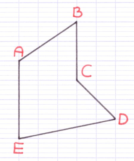 Polygone ABCDE à cinq sommets A, B, C, D et E.