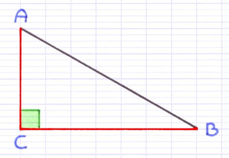 Triangle rectangle ABC avec les deux côtés perpendiculaires [CA] et [CB] mis en évidence.