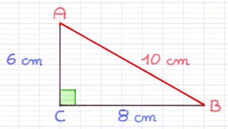 Triangle rectangle ACB dont l’hypoténuse [AB] est le plus grand côté (10 cm).