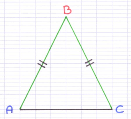 Triangle isocèle ABC dont le sommet principal est le sommet B en rouge.