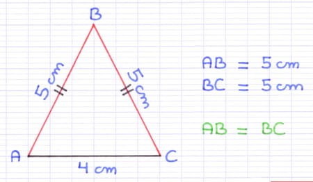 Triangle isocèle ABC dont les deux côtés [AB] et [BC] ont la même longueur (5 cm).