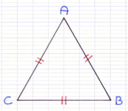 Triangle équilatéral ABC possédant trois côtés de même longueur.