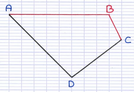 Quadrilatère ABCD avec les côtés consécutifs [AB] et [BC] en rouge, partageant le sommet B.