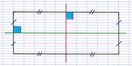 Rectangle avec ses deux axes de symétrie : médiatrice des longueurs et des largeurs.